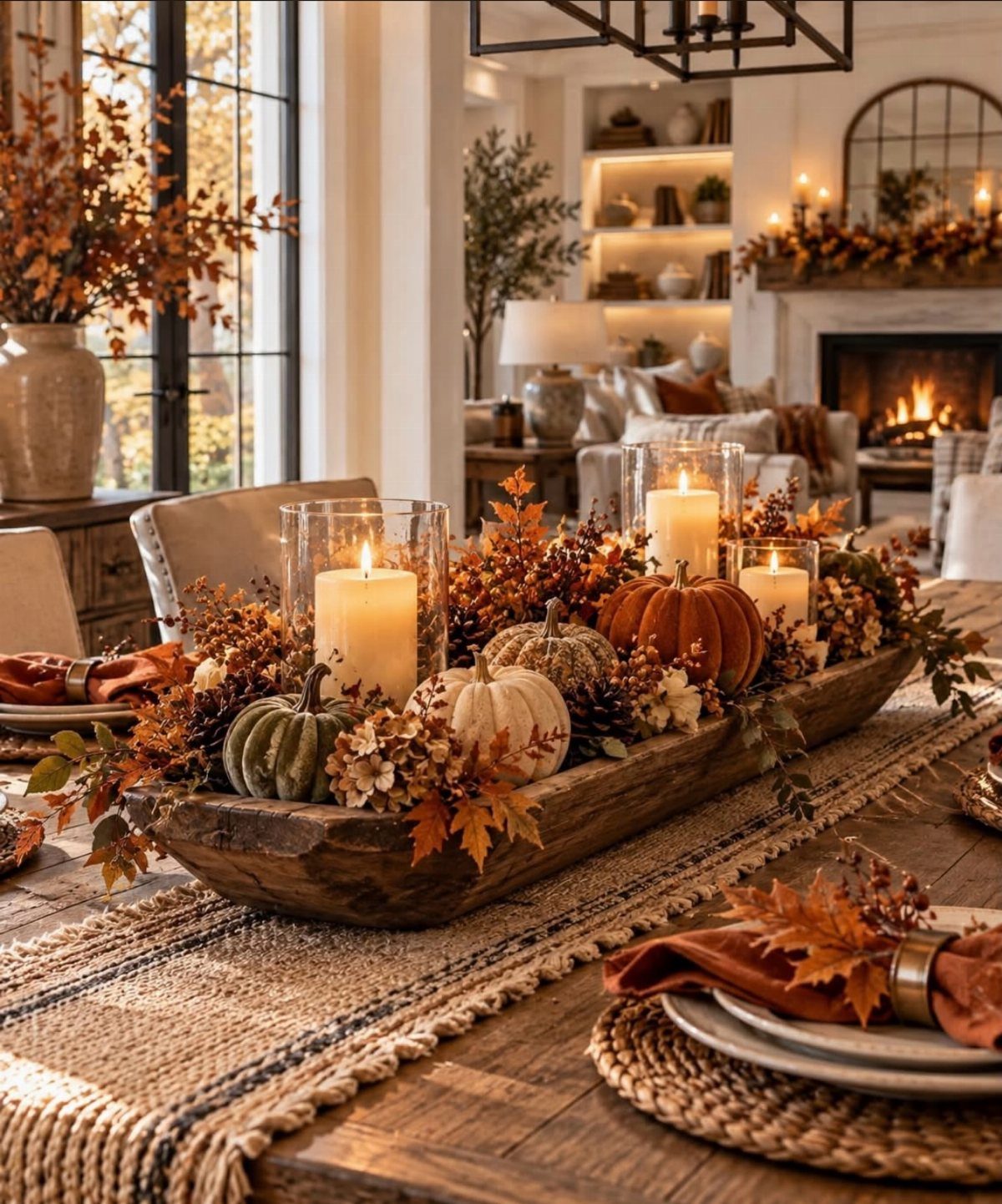 Rustic wooden table setting with a carved wood bowl centerpiece and autumn decor.
