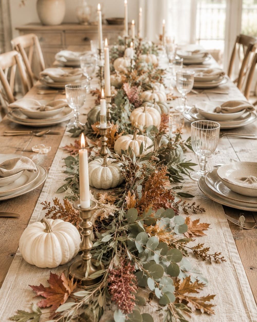 Wooden dining table with a beige runner, white pumpkins, and autumn foliage centerpiece.
