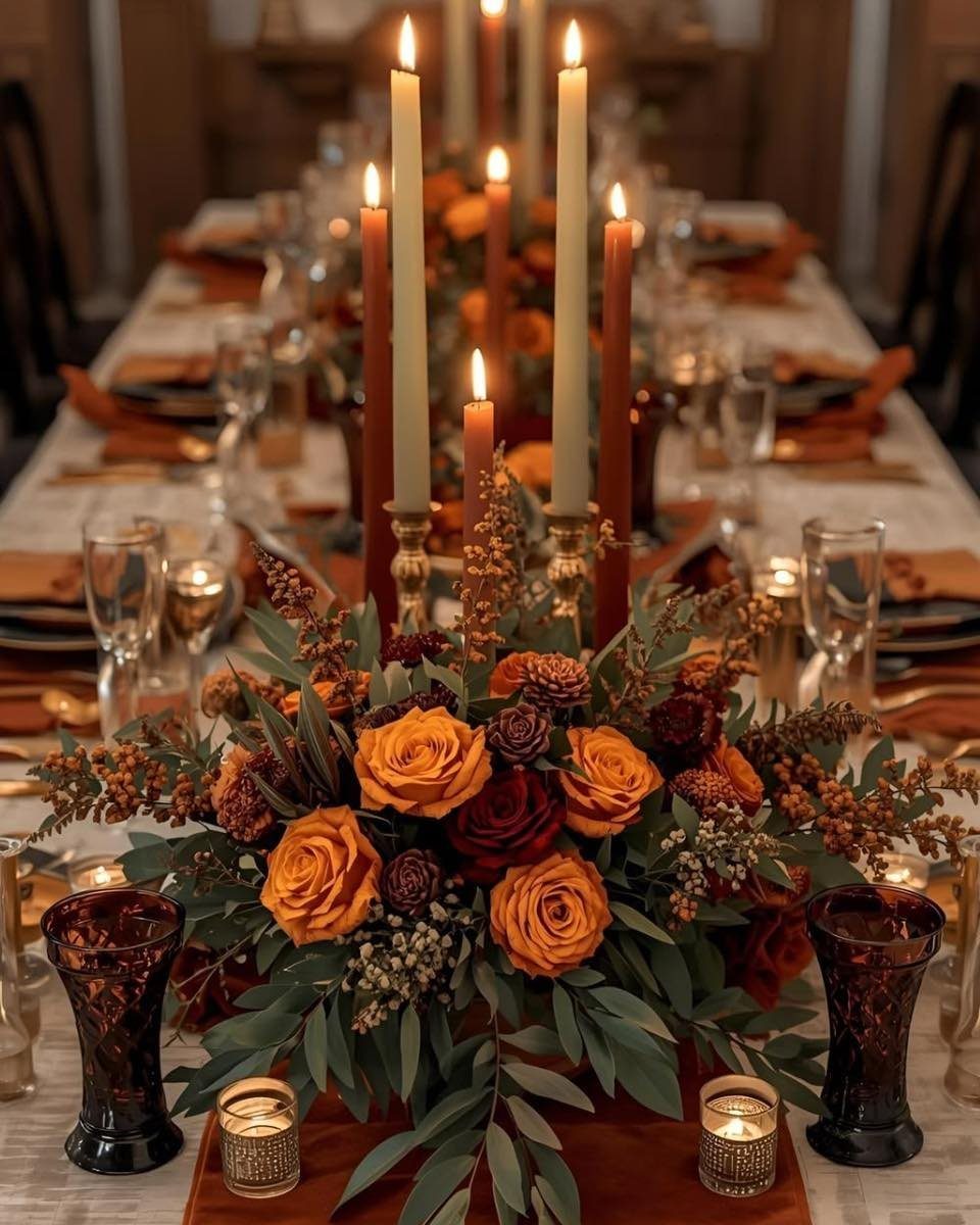 Thanksgiving table setting with orange roses, lit taper candles, and small votive candles.