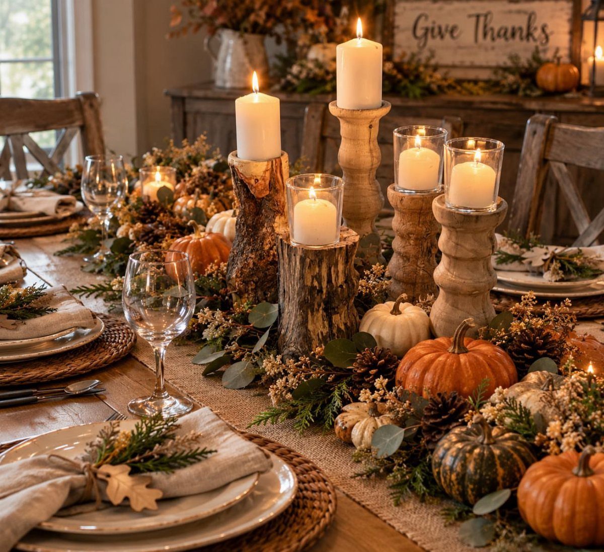 Rustic Thanksgiving table with mini pumpkins, greenery, and lit candles on wooden holders.