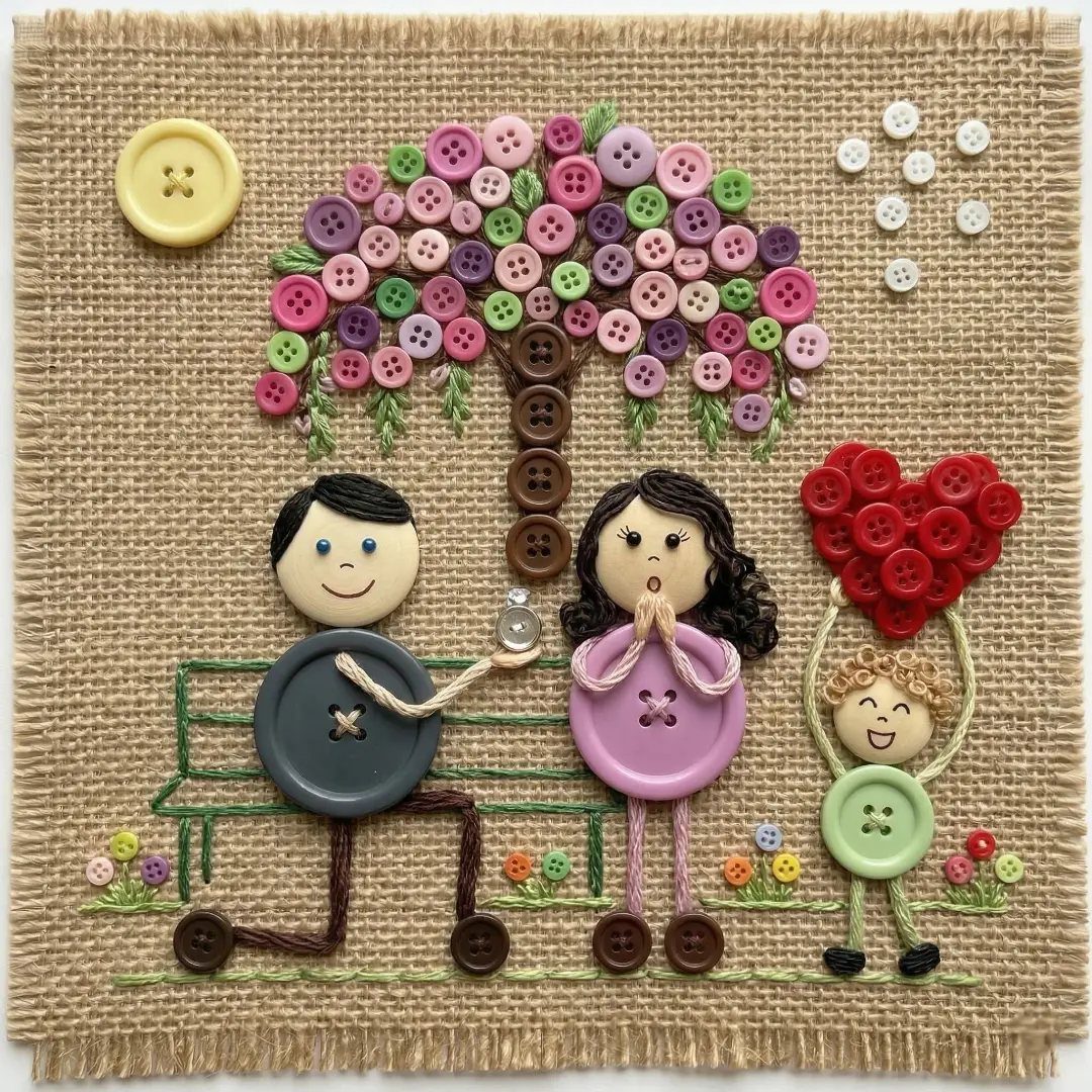 Button art family sitting under a button tree with a red button heart.