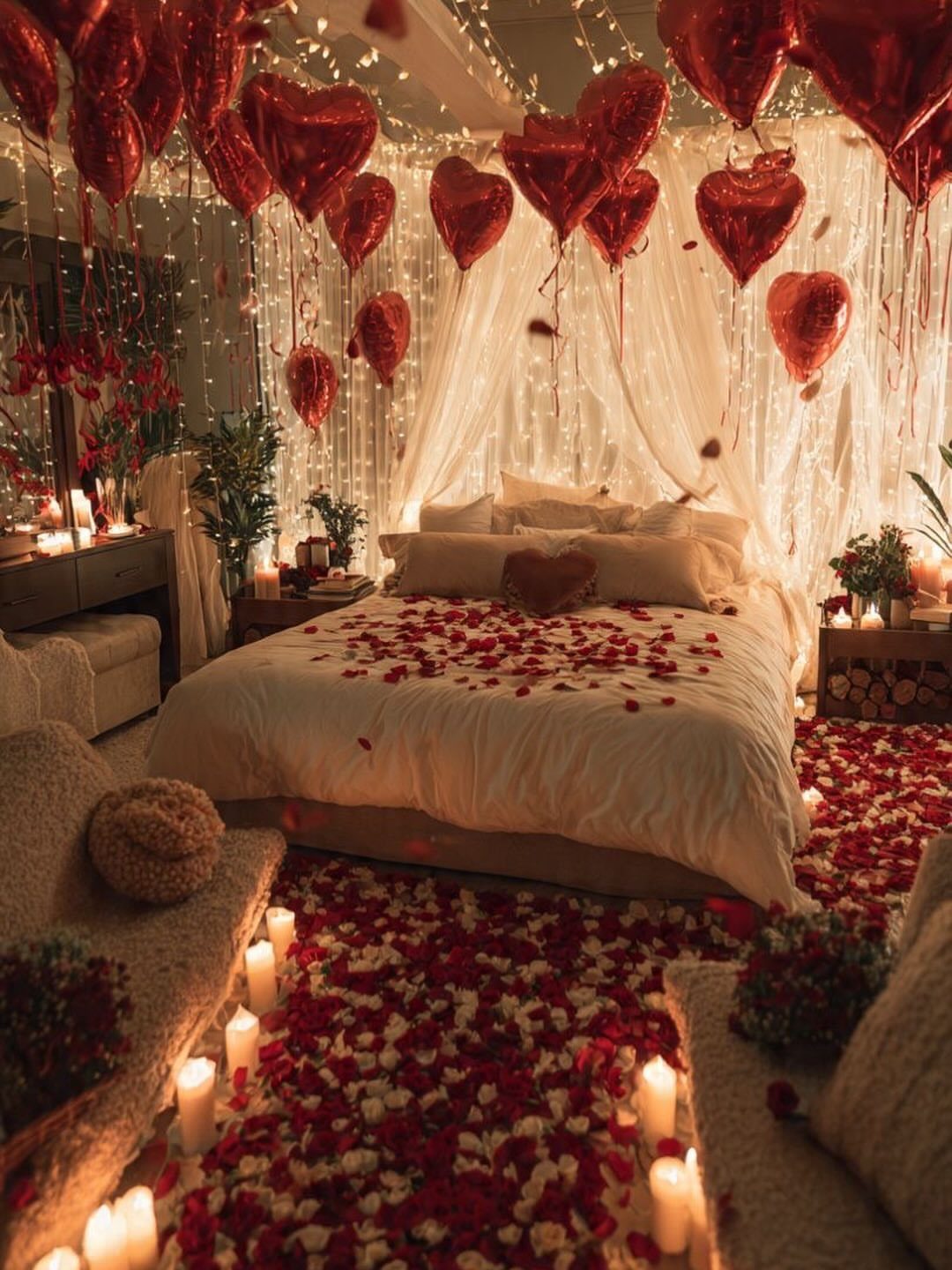 Romantic bedroom with red heart balloons, rose petals, and warm fairy lights.