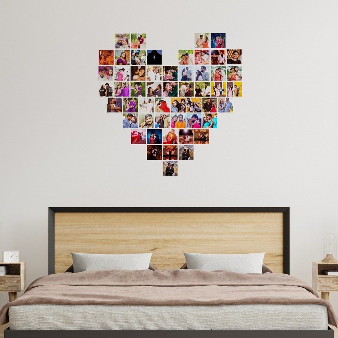 Small photographs of couples arranged in a heart shape on a bedroom wall