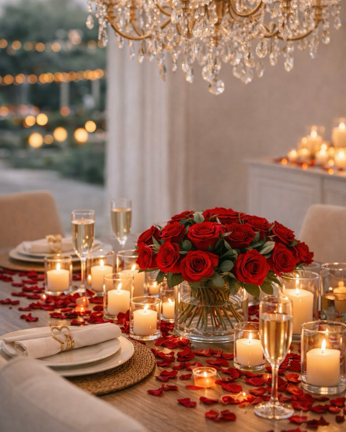 Romantic table setting with red roses, lit candles, and scattered rose petals.