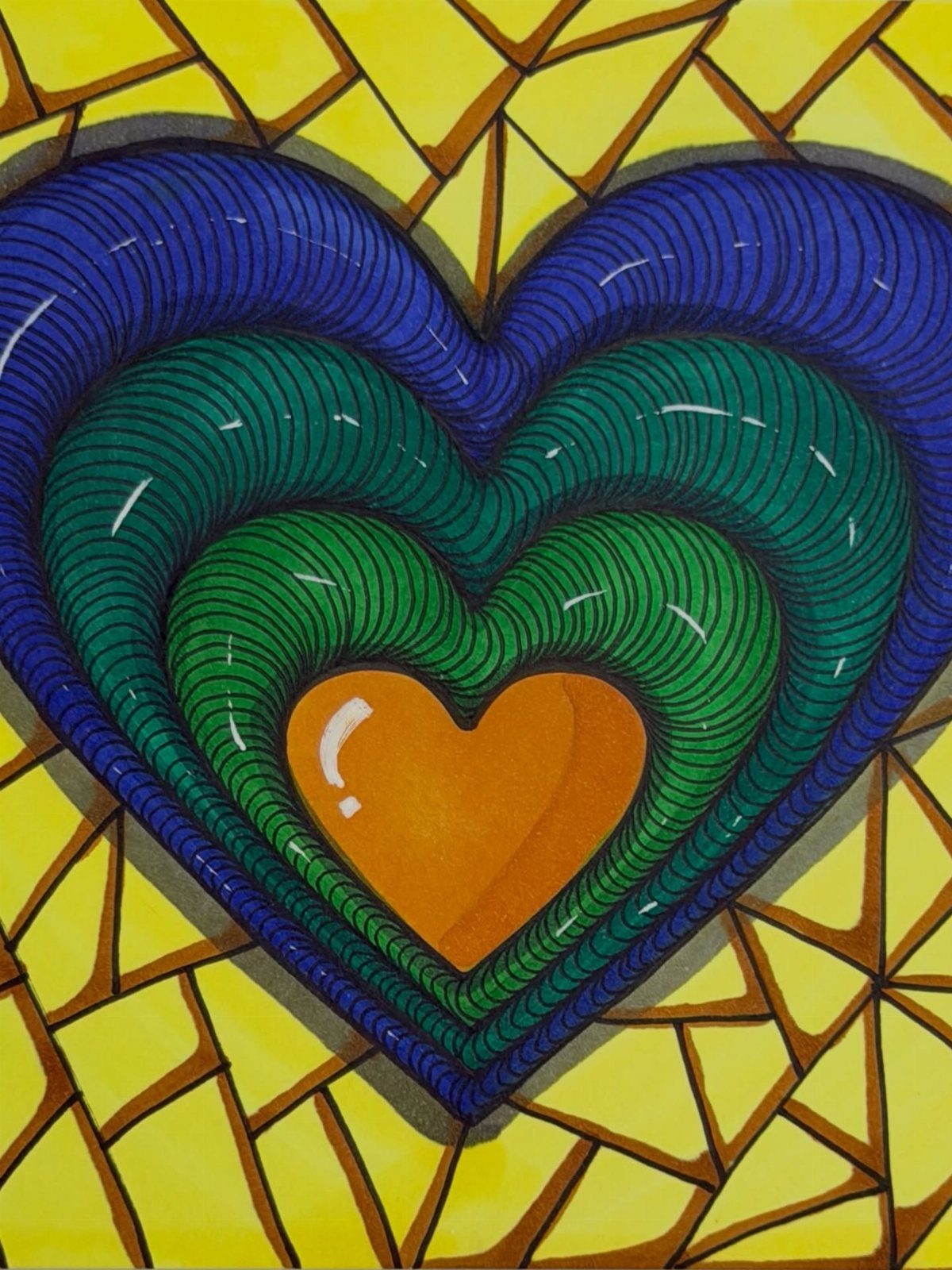 Concentric blue, green, and orange hearts with wavy patterns on yellow background