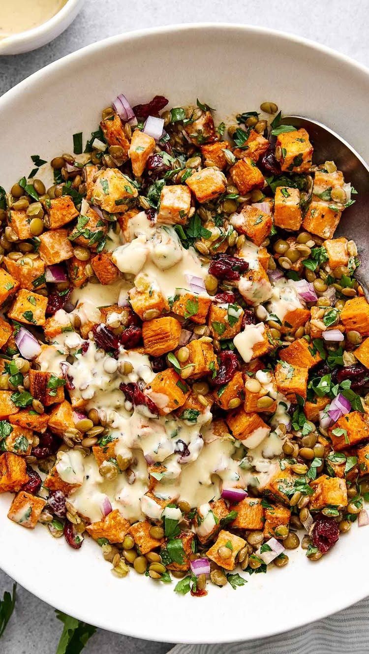 Sweet potato and lentil salad with cranberries and creamy dressing in a bowl