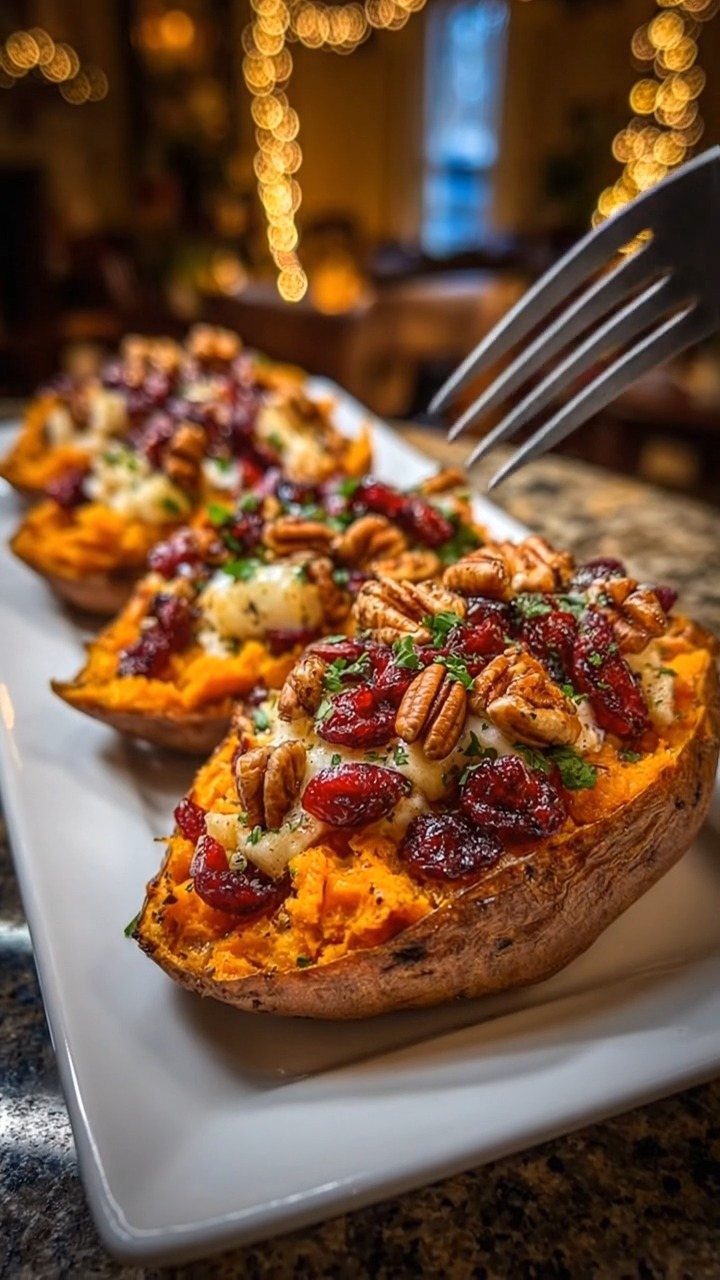 Roasted sweet potato halves topped with cranberries, pecans, and cream on a platter.