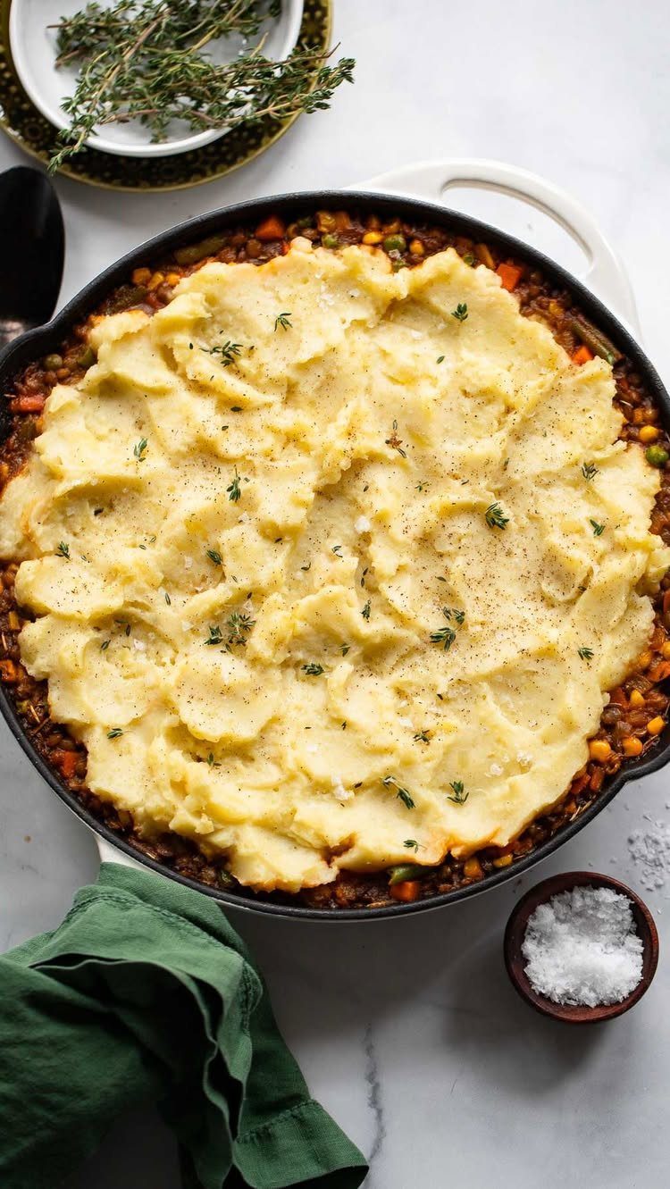 Mashed potato topped shepherd's pie in a black cast-iron skillet on marble.