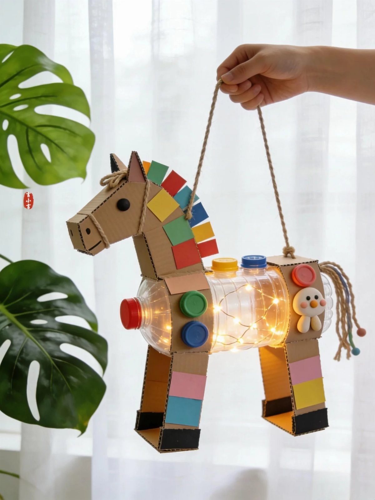 Handmade horse lantern made from cardboard and a plastic bottle with glowing lights.