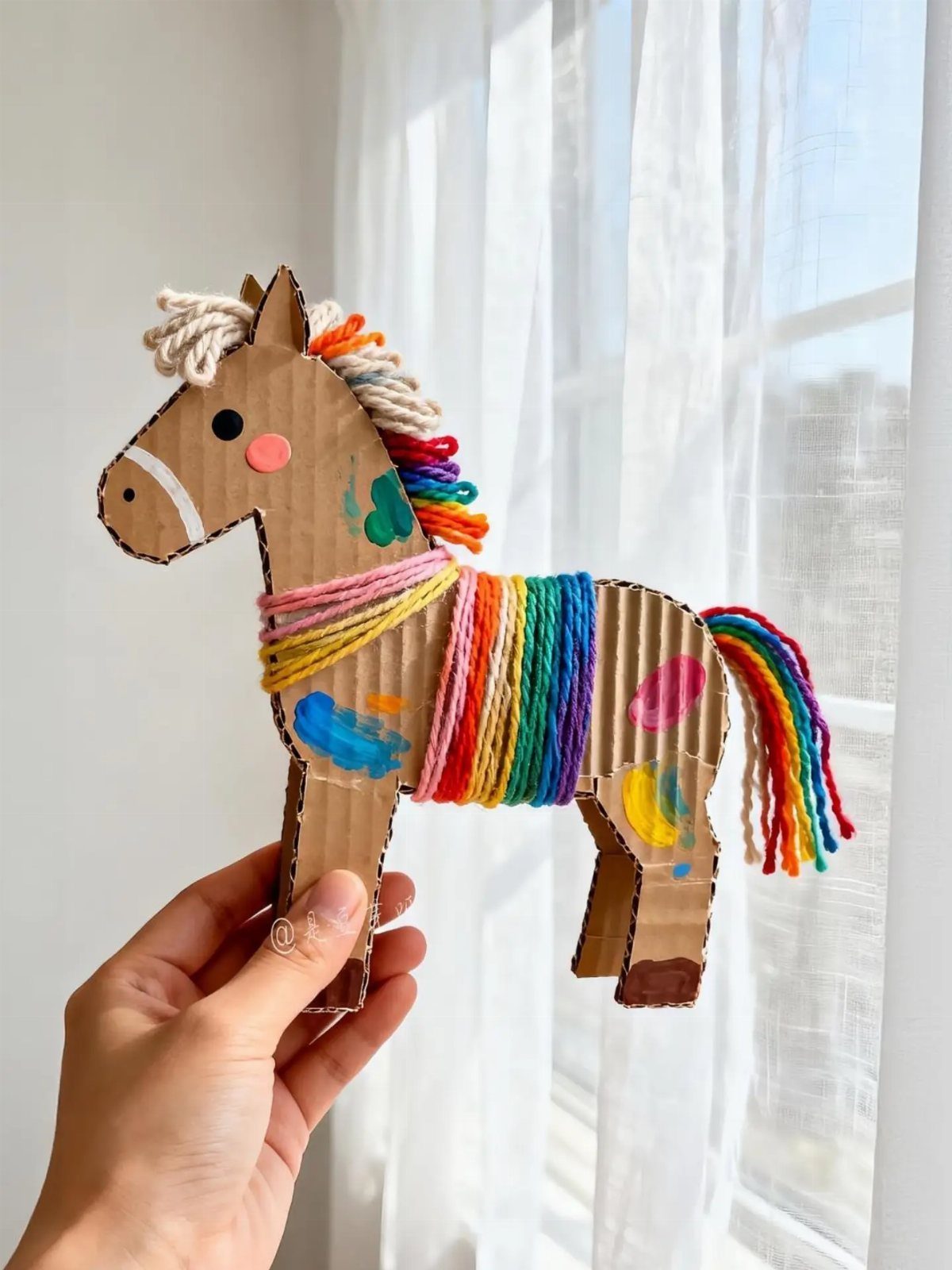 Cardboard horse craft with rainbow yarn mane, tail, and colorful body wraps.
